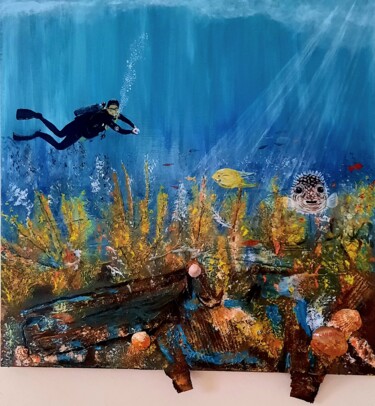 Painting titled "L'EPAVE" by Maryse Houppilliart, Original Artwork, Acrylic Mounted on Wood Stretcher frame
