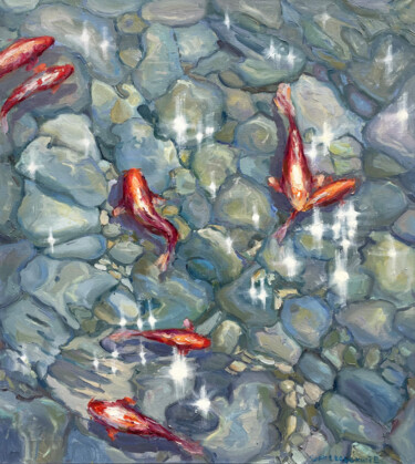 绘画 标题为“red koi” 由Evgeny Chernyakovsky, 原创艺术品, 油 安装在木质担架架上