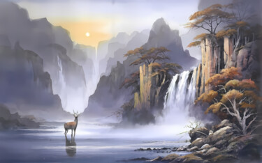Original landscape and the deer, watercolor art, Digital art 제목이 "Original landscape…"인 디지털 아트 Jafeth Moiane로, 원작, 디지털 페인팅