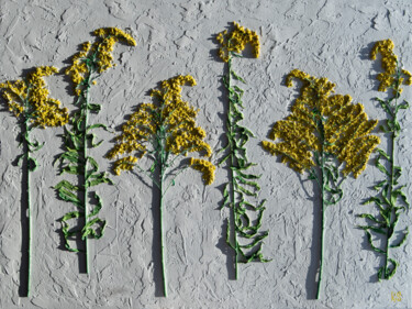 Goldenrod - flowering field grass, sun yellow wall sculpture Ζωγραφική με τίτλο "Goldenrod - floweri…" από Rimma Savina, Αυθεντικά έργα τέχνης, Κολάζ Τοποθετήθηκε στο Ξύλινο φορείο σκελ…