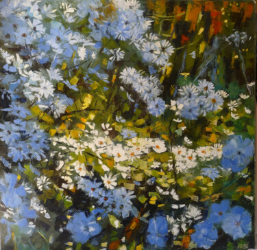 Fleurs bleues Peinture intitulée "Fleurs bleues" par Fabrice Bettrancourt, Œuvre d'art originale, Huile Monté sur Châssis en bois