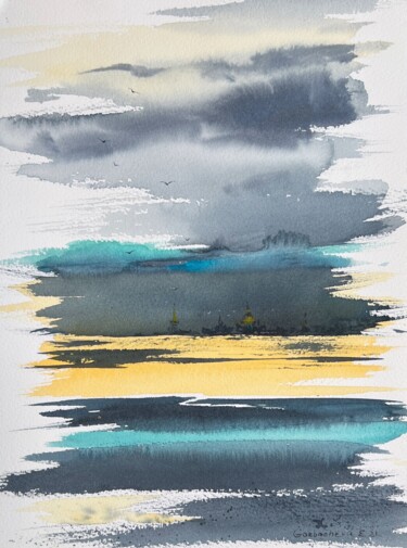 Abstraction, City #4 Painting titled "Abstraction, City #4" by Eugenia Gorbacheva, Original Artwork, Watercolor