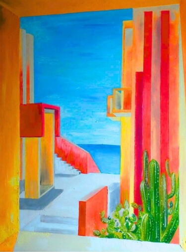 Schilderij getiteld "La muralla roja III" door Mikołaj Hewelt, Origineel Kunstwerk, Olie