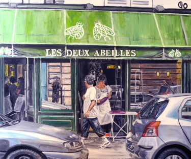 Painting titled "Les 2 abeilles. Par…" by Jerome Labrunerie (GEO), Original Artwork, Oil Mounted on Wood Stretcher frame
