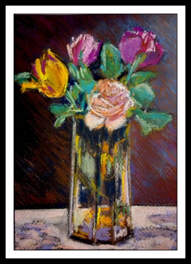 Malarstwo zatytułowany „FLEURS DANS UN VASE…” autorstwa Alain Lamy, Oryginalna praca, Pastel