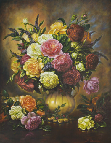 Still life with beautiful roses Peinture intitulée "Still life with bea…" par Rita Cemkalo, Œuvre d'art originale, Huile