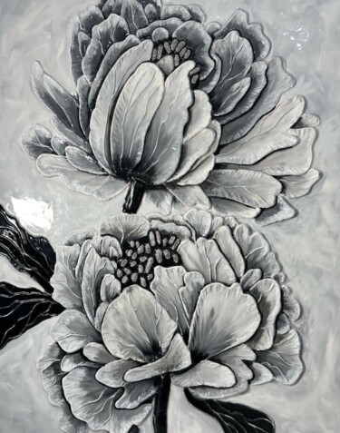 “Royal Peonies” 3D texture Large size 70х43 luxury rhineston Pittura intitolato "“Royal Peonies” 3D…" da Inna Levchenko, Opera d'arte originale, Acrilico Montato su Telaio per barella i…