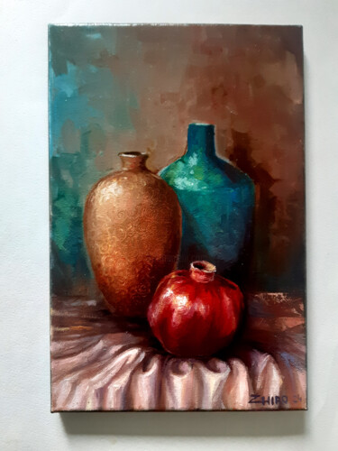 「VESSELS AND POMEGRA…」というタイトルの絵画 Zhirayr Khachatryanによって, オリジナルのアートワーク, オイル ウッドストレッチャーフレームにマウント