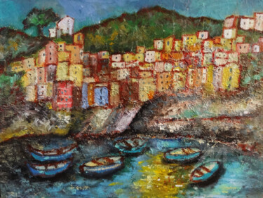 Painting titled "Riomaggiore Cinque…" by Indrani Ghosh, Original Artwork, Oil Mounted on Other rigid panel