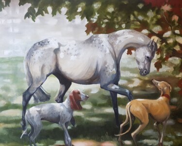 「Horse and hounds」というタイトルの絵画 Sarah Borgによって, オリジナルのアートワーク, オイル ウッドストレッチャーフレームにマウント
