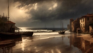 Arts numériques intitulée "A Rainy Coast" par Didier Pistol, Œuvre d'art originale, Image générée par l'IA