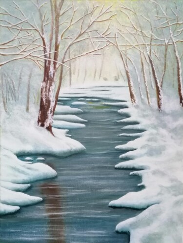 Peinture intitulée "RUISSEAU D' HIVER" par Yves Marie Teiller, Œuvre d'art originale, Huile Monté sur Châssis en bois