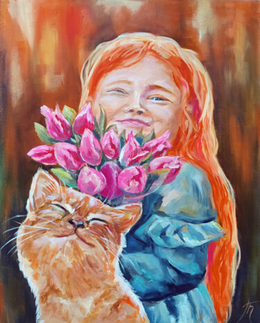 Sunny Day. Original artwork Cat Girl Tulips Pintura titulada "Sunny Day. Original…" por Tatyana Pertsel, Obra de arte original, Oleo Montado en Bastidor de camilla de m…