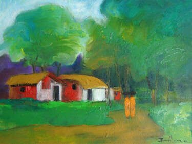 Village Life - Rainy Afternoon 绘画 标题为“Village Life - Rain…” 由Basil Cooray, 原创艺术品, 油 安装在木质担架架上