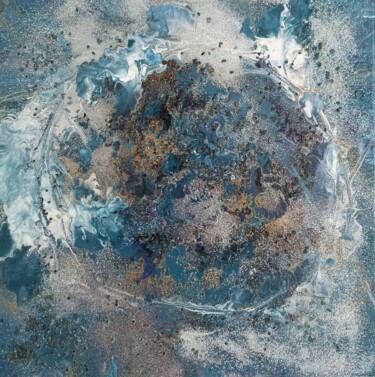 Small New Year's Eve abstract painting with blue and silver