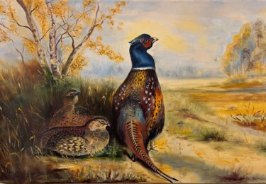 Painting titled "Фазаны" by Eduard Baranov, Original Artwork, Oil Mounted on Wood Stretcher frame