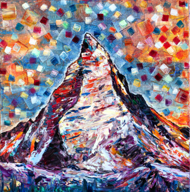 Orange Dawn On Mount Matterhorn Painting titled "Orange Dawn On Moun…" by Natalia Shchipakina, Original Artwork, Oil Mounted on Wood Stretcher frame