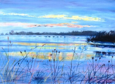 Painting titled "Incoming- Last Light" by Elizabeth Sadler, Original Artwork, Oil Mounted on Wood Stretcher frame