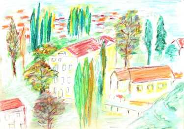 Dessin intitulée "Peupliers" par Rebecca Behar, Œuvre d'art originale, Pastel