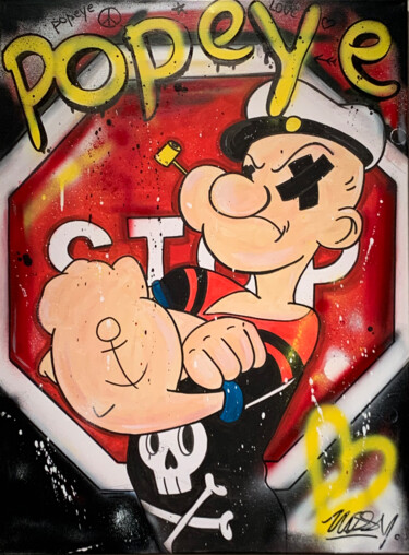 Schilderij getiteld "Popeye" door Lussy, Origineel Kunstwerk, Acryl Gemonteerd op Frame voor houten brancard