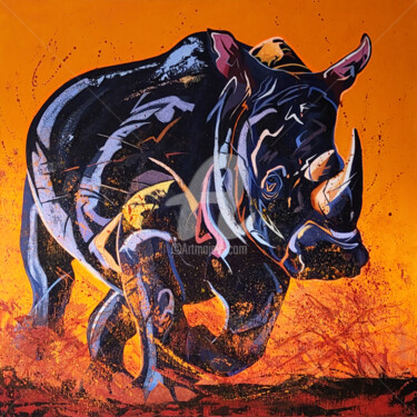 绘画 标题为“MALABAR LE RHINOCER…” 由Régine Guthmann, 原创艺术品, 丙烯 安装在木质担架架上