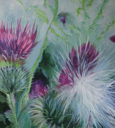 Schilderij getiteld "Distel" door Christa Riemann, Origineel Kunstwerk, Acryl Gemonteerd op Frame voor houten brancard