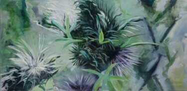 Schilderij getiteld "Blaugrüne Distel" door Christa Riemann, Origineel Kunstwerk, Olie Gemonteerd op Frame voor houten branc…
