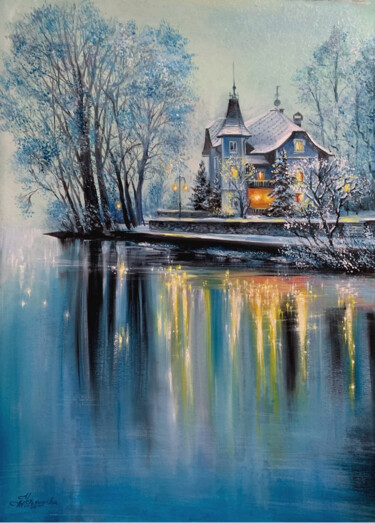 Winter landscape with a lake Painting titled "Winter landscape wi…" by Tatyana Ustyantseva, Original Artwork, Oil