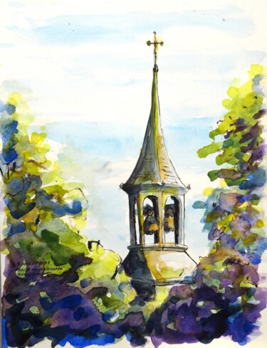 Clocher de l'église du Trait Carré à Charlesbourg, Québec Desenho intitulada "Clocher de l'église…" por René Blanchet, Obras de arte originais, Aquarela