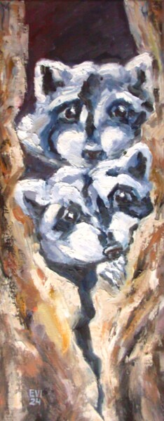 Raccoons Animal Oil Painting Original Artwork Wall Art Painting titled "Raccoons Animal Oil…" by Elena Ivanova, Original Artwork, Oil Mounted on Wood Stretcher frame