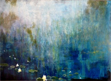 Painting titled ""Les Reflets Bleus"" by Sophie Duplain, Original Artwork, Oil Mounted on Wood Stretcher frame