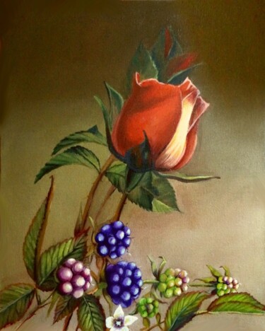 Painting titled "Розы и ветка ежевик…" by Ilya Nikolaevich, Original Artwork, Acrylic