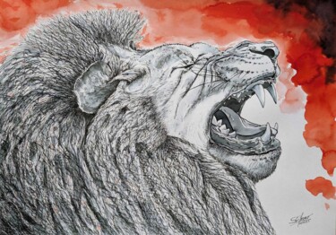 图画 标题为“Le Lion” 由Stéfarno, 原创艺术品, 墨 安装在木板上