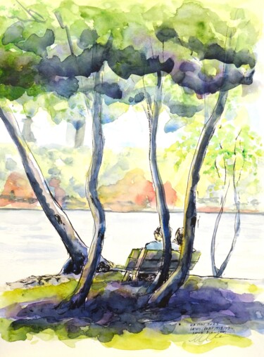 Σχέδιο με τίτλο "Sous les arbres du…" από René Blanchet, Αυθεντικά έργα τέχνης, Ακουαρέλα