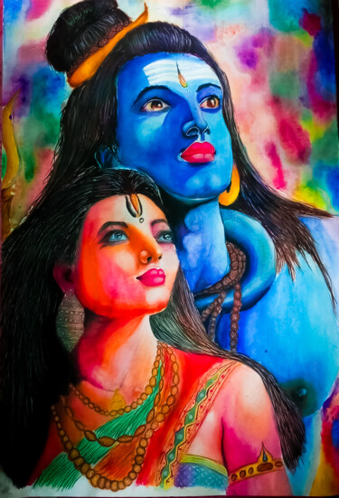 绘画 标题为“Shiv and Parvati” 由Rohit Rohit, 原创艺术品, 水彩