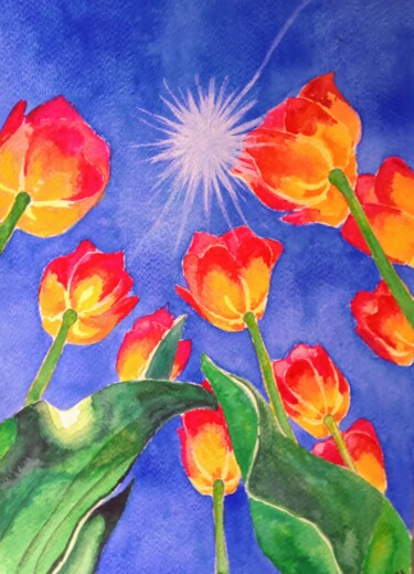 Painting titled "Тюльпаны" by Kateryna Bakumenko, Original Artwork, Watercolor