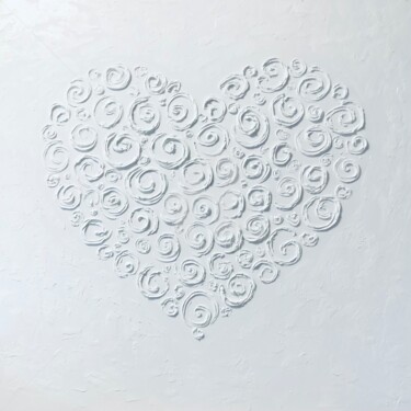 Flowers on white heart - 3 D textured minimalistic Pop Art, 绘画 标题为“Flowers on white he…” 由Nataliia Krykun, 原创艺术品, 丙烯 安装在木质担架架上