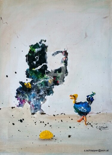 Schlapper-ART Wanderer mit Huhn 30x40 J2017 Collages titled "Schlapper-ART Wande…" by Cäcilia Schlapper, Original Artwork, Acrylic Mounted on Wood Stretcher frame