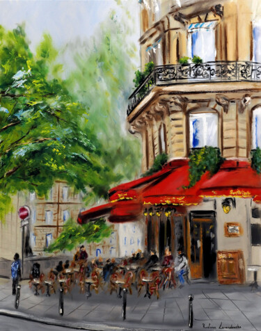 Paris Corner Cafe - with gold embellishment Peinture intitulée "Paris Corner Cafe -…" par Ruslana Levandovska, Œuvre d'art originale, Huile Monté sur Châssis en bois