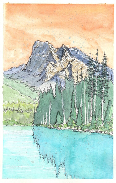 Schilderij getiteld "Emerald Lake" door Gurvan Beubry, Origineel Kunstwerk, Aquarel