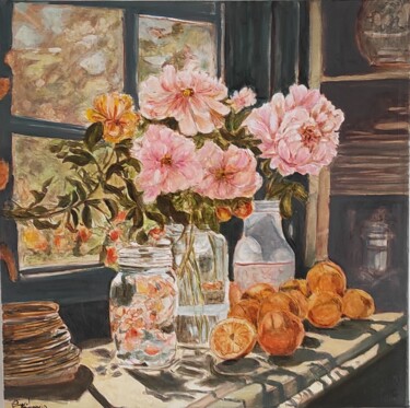 제목이 "Floral"인 미술작품 Pascal Bourgouin로, 원작, 기름 나무 들것 프레임에 장착됨