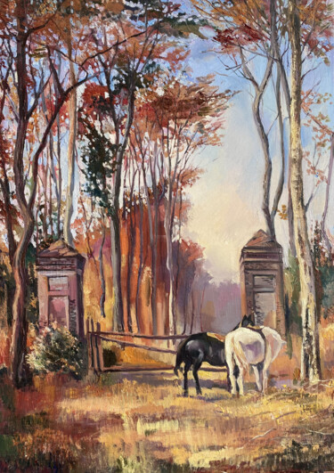 绘画 标题为“Autumn in the park” 由Mariya Bogdanova, 原创艺术品, 油 安装在木质担架架上