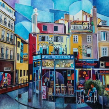 Bar tabac de la place du Mont à Marseille Peinture intitulée "Bar tabac de la pla…" par Martine Woellet, Œuvre d'art originale, Huile Monté sur Châssis en bois
