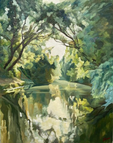 Painting titled "Pond in summer" by Horia Solomon, Original Artwork, Oil