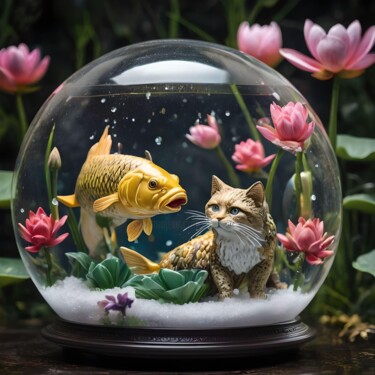 Arts numériques intitulée "La Carpe et le Chat" par Karine Garelli (Reds Robin), Œuvre d'art originale, Image générée par l'…