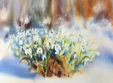 Radient snowdrops glow Painting titled "Radient snowdrops g…" by Natasha Sokolnikova, Original Artwork, Watercolor Mounted on Cardboard