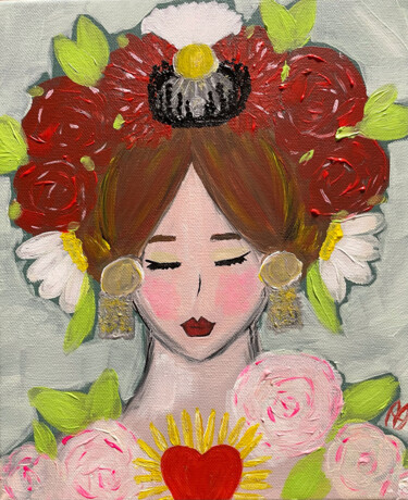绘画 标题为“Fille et fleurs, co…” 由Aurelie Assemat, 原创艺术品, 丙烯 安装在木质担架架上