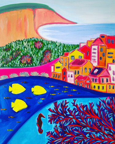 Peinture intitulée "Les collines, corail" par Aurelie Assemat, Œuvre d'art originale, Acrylique Monté sur Châssis en bois