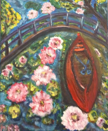 Painting titled "Barque sous le pont" by Maria Helena De  Macedo  Benier, Original Artwork, Oil