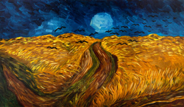 Field with crows Painting titled "Field with crows" by Svetlana Lebedeva, Original Artwork, Oil Mounted on Wood Stretcher frame